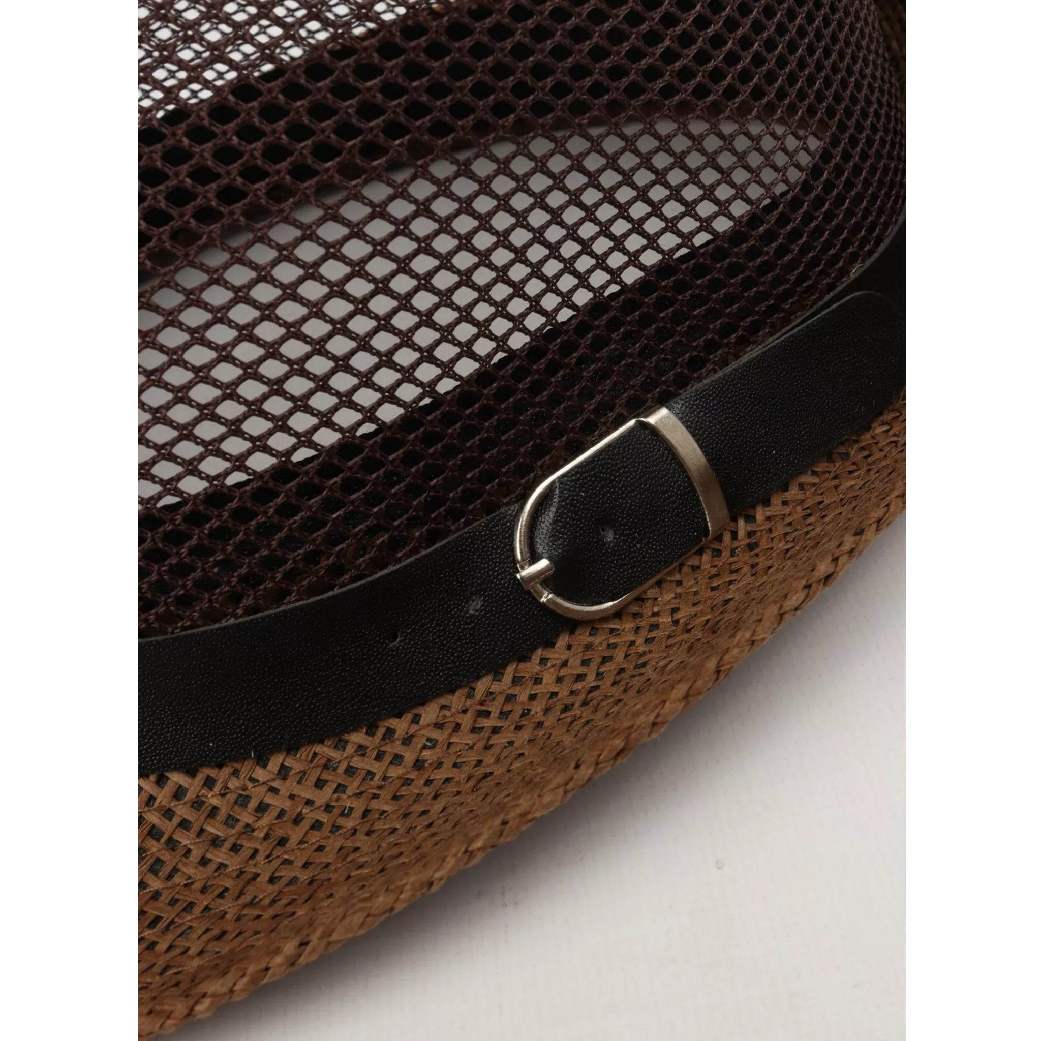Unisex brown straw trilby hat with breathable mesh upper and black band – men's and ladies lightweight summer sun hat for holidays and festivals